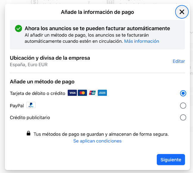 metodo pago facebook ads